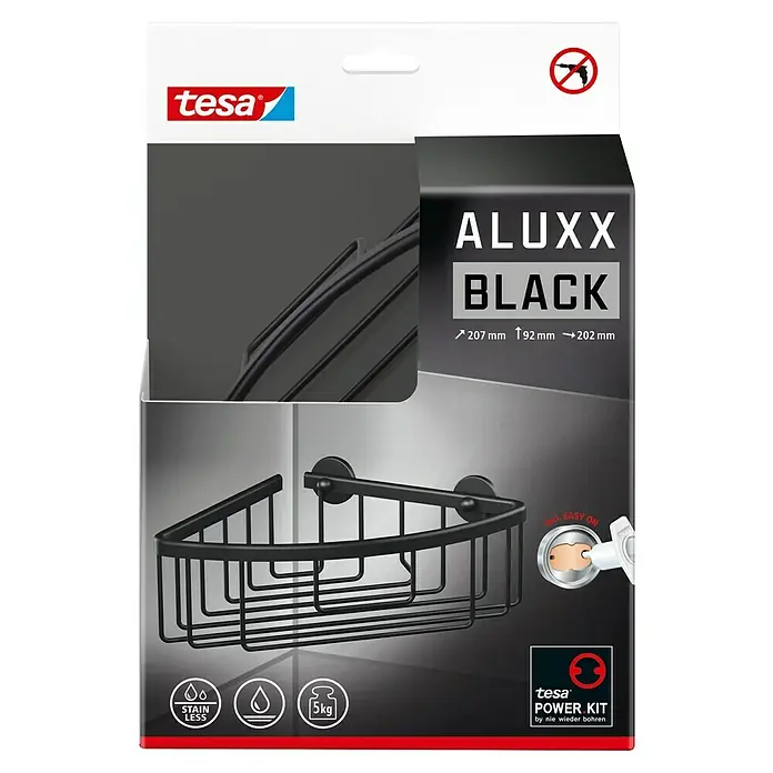 Tesa Aluxx Eckduschkorb - 1-stöckig, Schwarz, Eloxiert - Abbildung einer Tesa Aluxx Black Eck-Duschablage zur Aufbewahrung von Duschutensilien und -zubehör mit bis zu 5 kg Belastbarkeit.