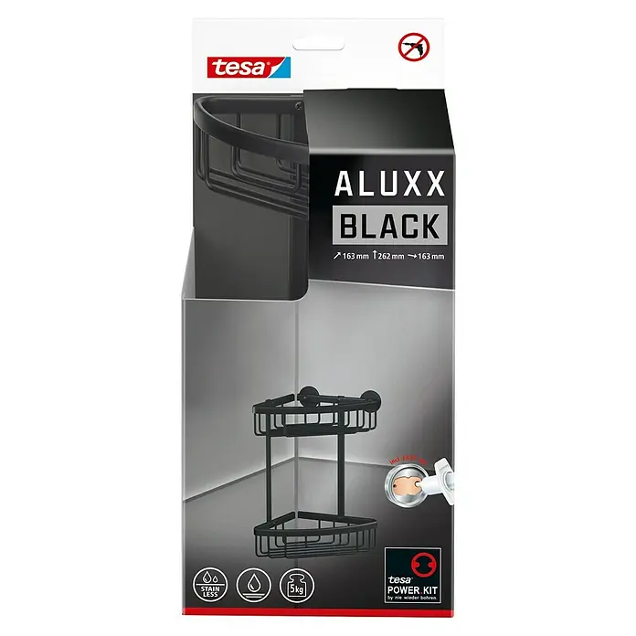 Tesa Aluxx Eckduschkorb - L x B x H: 16,3 x 16,3 x 26,2 cm, Schwarz, Matt - Verpackung der Tesa Aluxx Black Eck-Duschablage mit den Maßen 163 x 262 x 163 mm, mit Power.Kit Technologie zur einfachen Montage.