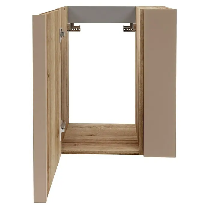 Camargue Marea Badmöbel-Set Mini - Gesamtbreite Badmöbel: 50 cm, Berg Eiche/Goldbronze, Matt - Offener Küchenschrank mit Holztür und hellbraunem Rahmen, präsentiert Funktionalität und Stil für moderne Küchen.