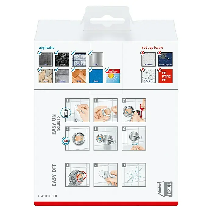 Tesa Deluxxe Zahnputzbecher - Mit Halterung, Metall, Chrom - Produktverpackung mit Anleitungen zur Anbringung und Entfernung des Produkts, sowie Angaben zu geeigneten Oberflächen.