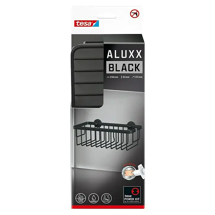 Tesa Aluxx Duschkorb - L x B x H: 12,5 x 25 x 9,2 cm, Schwarz, Matt - Verpackung einer Tesa Aluxx Black Duschablage mit Angaben zu Größe, Gewicht und Montage.