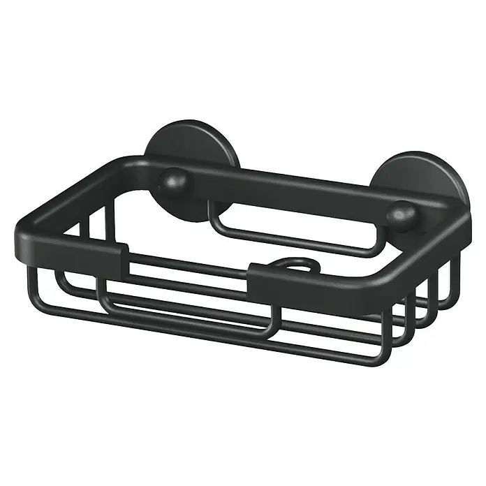 Tesa Aluxx Seifenkorb - L x B x H: 9,5 x 13,5 x 4,7 cm, Schwarz, Matt - Schwarzer Seifenkorb mit Saugnapfbefestigung, ideal für Bad oder Dusche, bietet praktischen Stauraum und einfache Montage ohne Bohren.