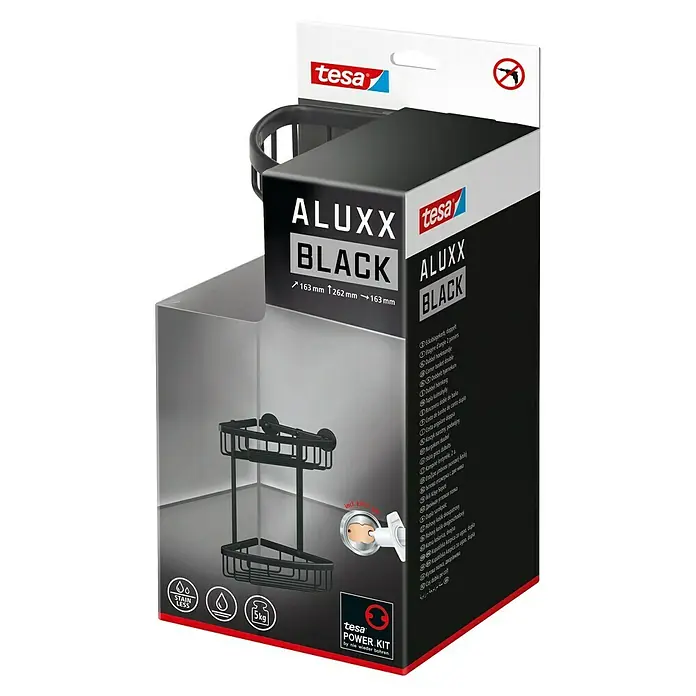 Tesa Aluxx Cesta de baño angular - L x An x Al: 16,3 x 16,3 x 26,2 cm, Negro, Recubrimiento en polvo - Foto de producto de una estantería de ducha esquinera Tesa Aluxx Black para guardar artículos de baño, elegante y ahorra espacio.