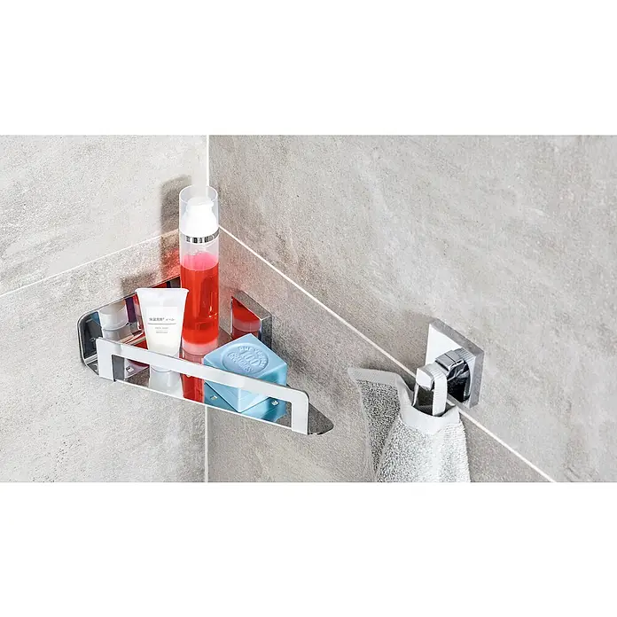 Tesa Deluxxe Eckduschkorb - L x B x H: 15 x 22 x 5,5 cm, Chrom, Glänzend - Eckregal aus Edelstahl mit Badartikeln wie Seife und Reinigungslotionen. Ideal für Badezimmer und Duschen.