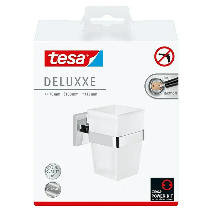 Tesa Deluxxe Zahnputzbecher - Mit Halterung, Metall, Chrom - Verpackung für einen tesa DELUXXE Zahnputzbecher zur Wandmontage. Das Set wird mit der tesa Power.Kit Technologie geliefert, wodurch Bohren unnötig ist.