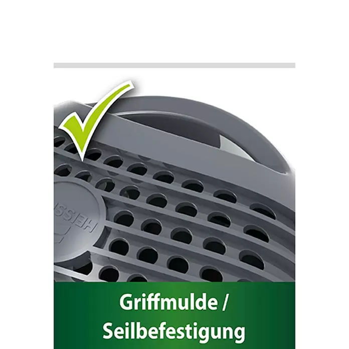 Heissner Filterpumpe - Fördermenge pro Std.: 2.200 l - Nahaufnahme eines grauen, perforierten Kunststoffteils mit Griffmulde und Seilbefestigung.