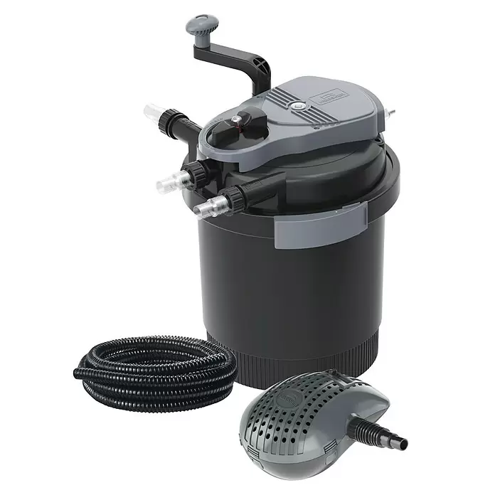 Heissner Druckfilter-Set - 25 W, Fördermenge pro Std.: 2.200 l - Schwarzes und graues Teichfiltersystem mit zylindrischem Filter, Pumpe und Spiralschlauch.