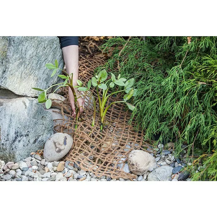 Heissner Teichnetz - Breite: 100 cm - Blick auf eine Person, die Pflanzen durch ein Jutegewebe hindurch in einen Steingarten pflanzt, umgeben von Steinen und Grün.