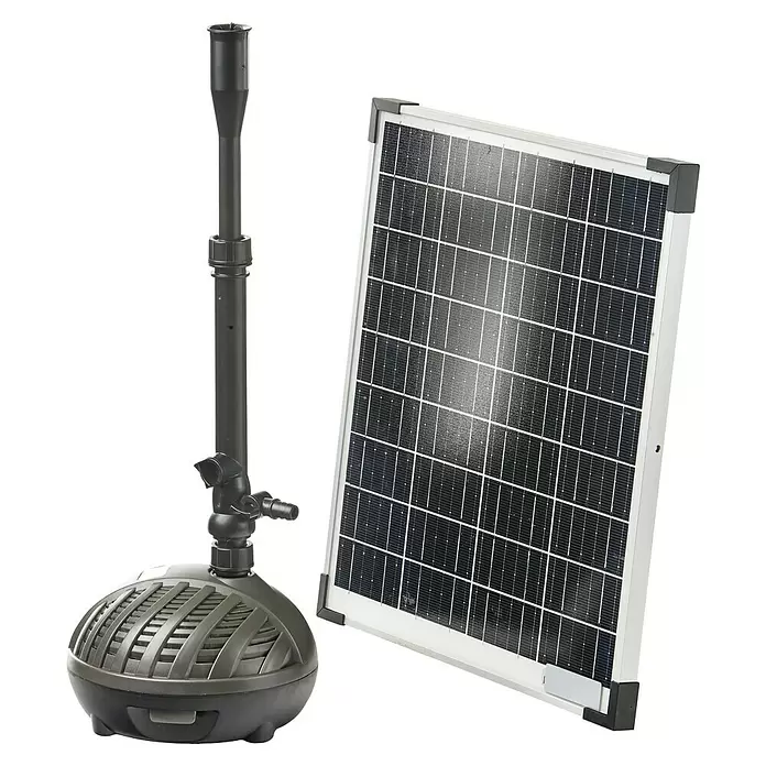 Heissner Wasserspielpumpe - Fördermenge pro Std.: 1.100 l - Solar-Teichpumpe mit dunkelgrauem Sockel, verstellbarem Rohr und einem Solarmodul mit schwarzzelliger Platte und hellgrauem Rahmen.