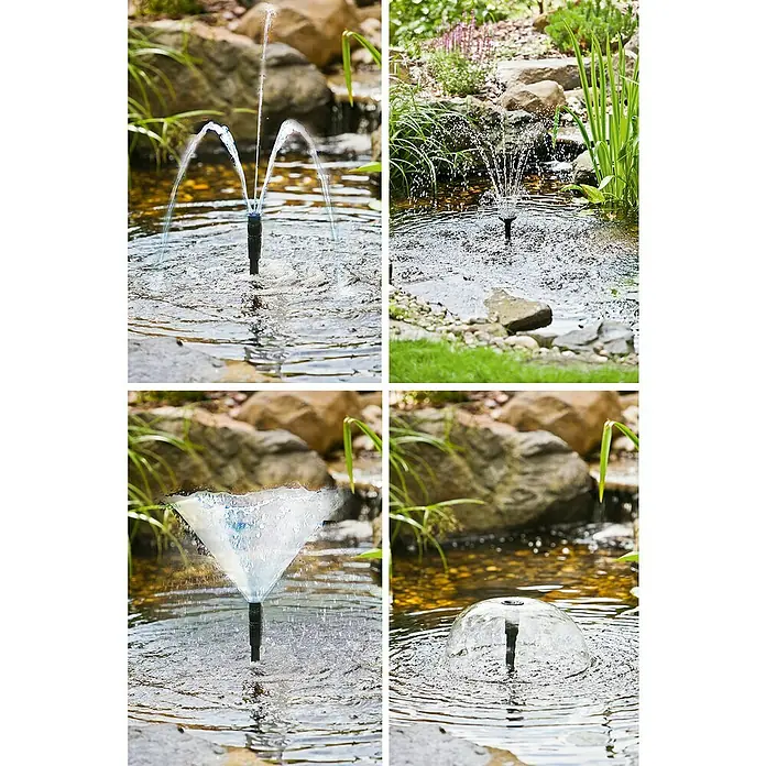 Heissner Teichpumpen-Set Aqua Jet Eco - 9 -tlg., Fördermenge pro Std.: 1.100 l - Verschiedene Ansichten einer schwimmenden Solar Springbrunnenpumpe mit unterschiedlichen Sprühbildern in einem Teich.