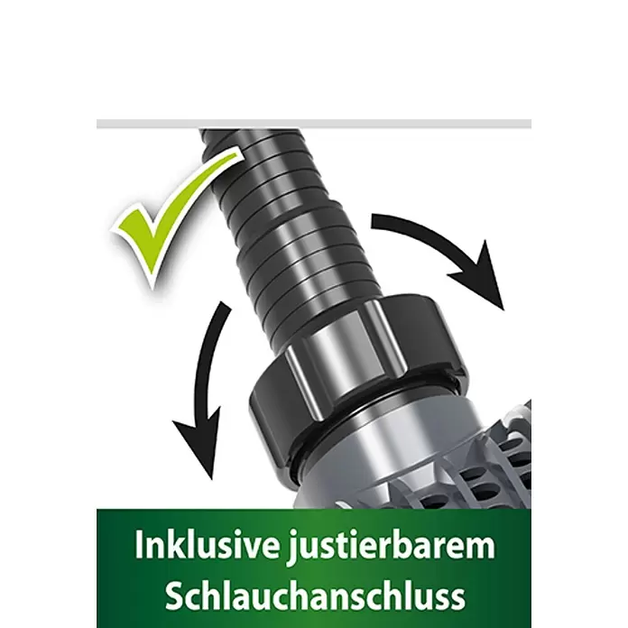 Heissner Filterpumpe - Fördermenge pro Std.: 2.200 l - Justierbarer dunkelgrauer Schlauchanschluss mit schwarzem Wellschlauch, durch Dreh-Pfeile und grünen Haken dargestellt.
