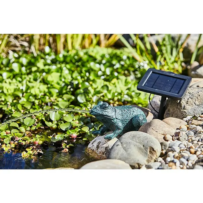 Heissner Solar-Teichpumpen-Set Frosch - Fördermenge pro Std.: 200 l - Nahaufnahme einer Solar-Froschbrunnen-Dekoration im Garten mit Steinen und Pflanzen.