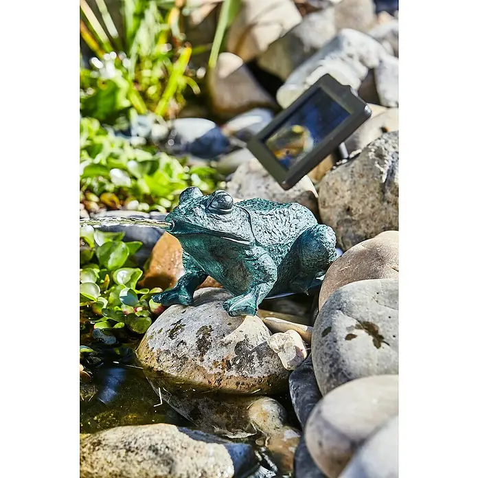 Heissner Solar-Teichpumpen-Set Frosch - Fördermenge pro Std.: 200 l - Solarbetriebener Froschbrunnen auf Steinen. Die Solarzelle treibt den Brunnen an und sorgt für eine entspannende Atmosphäre im Garten.