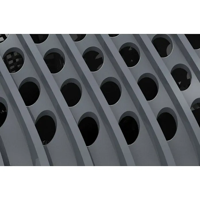 Heissner Filterpumpe - Fördermenge pro Std.: 2.200 l - Abstraktes Bild einer modernen grauen Gebäudefassade mit regelmäßigen runden Öffnungen. Ein interessantes architektonisches Detail.