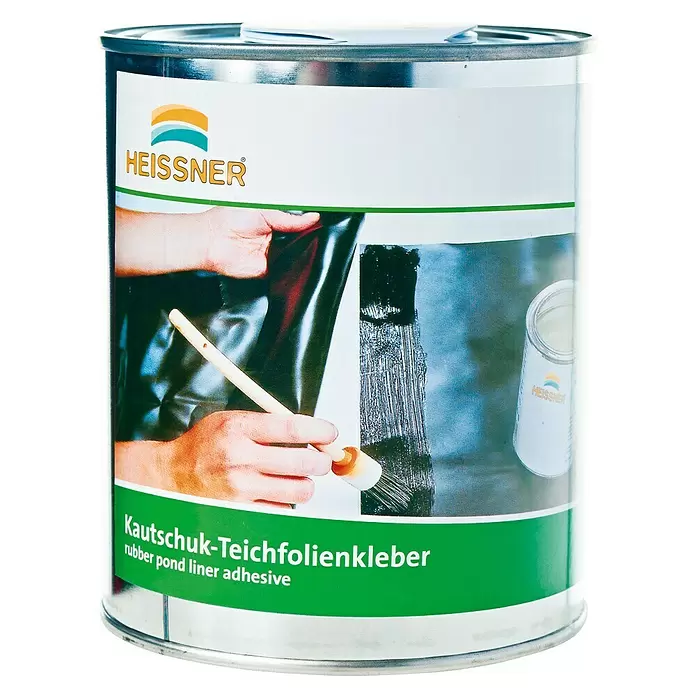 Heissner Folienkleber - 1 l - Metallkanne HEISSNER Kautschuk-Teichfolienkleber. Etikett zeigt Hände beim Auftragen von schwarzem Kleber auf Teichfolie.