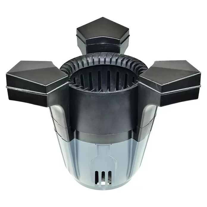 Heissner Skimmer - Fördermenge pro Std.: 2.500 l - Schwarzes und durchscheinend graues Kunststoffteil mit geschlitztem Zylinder, geripptem Rand und drei sechseckigen Verlängerungen.