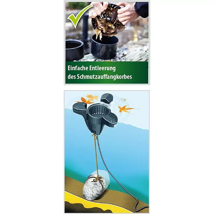 Heissner Skimmer - Fördermenge pro Std.: 2.500 l - Schwarzer Teichskimmer sammelt Oberflächenschmutz wie Blätter. Verfügt über einen leicht zu entleerenden Auffangkorb und ist im Teich verankert.