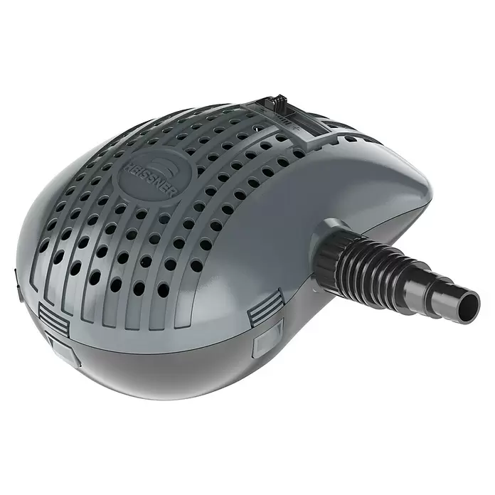 Heissner Filterpumpe - Fördermenge pro Std.: 3.300 l - Grauer Heissner Teichfilter mit belüfteter Oberseite und geripptem Schlauchanschluss.