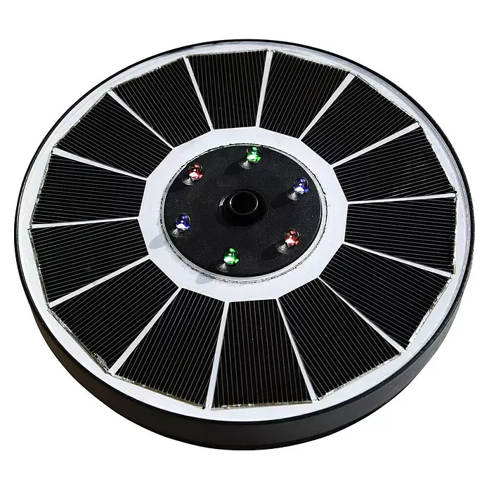 Heissner Solar-Teichpumpe - Fördermenge pro Std.: 120 l - 220 l - Runde Solarlampe mit schwarzen Paneelen, weißem Rahmen und farbigen LEDs.