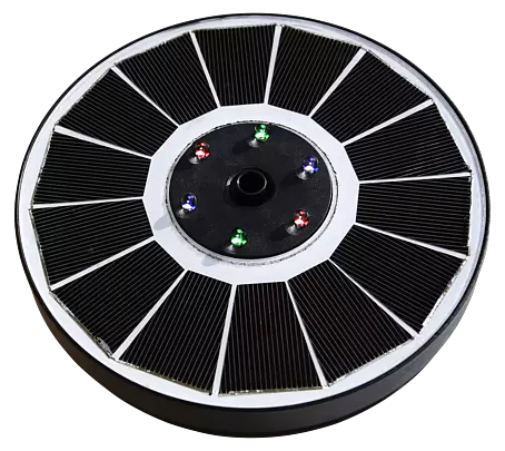Heissner Solar-Teichpumpe Runde Solarlampe mit schwarzen Paneelen, weißem Rahmen und farbigen LEDs.