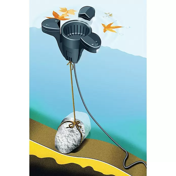 Heissner Skimmer - Fördermenge pro Std.: 2.500 l - Dunkelgrauer schwimmender Teichskimmer mit Sammelkorb, mit Stein beschwert und per Kabel verbunden, entfernt Blätter von der Wasseroberfläche.
