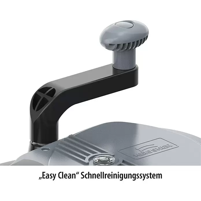 Heissner Druckfilter-Set - 25 W, Fördermenge pro Std.: 2.200 l - Schwarzer Griff mit grauer Kurbel an einem grauen Gerät, Teil eines „Easy Clean“ Schnellreinigungssystems.