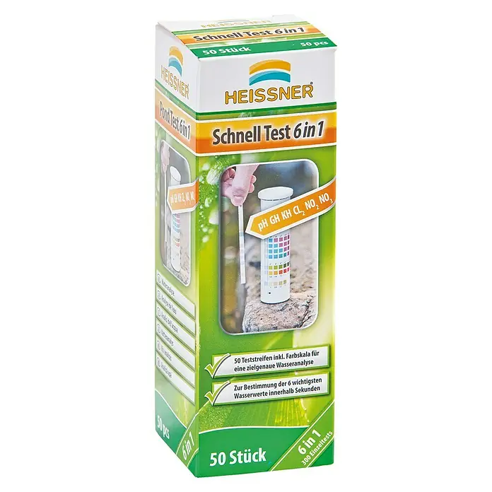 Schnelltest - Geeignet für: Gartenteiche - HEISSNER Schnell Test 6 in 1 Teichwassertest für eine präzise Wasseranalyse mit 50 Teststreifen zur Bestimmung von 6 Wasserwerten.
