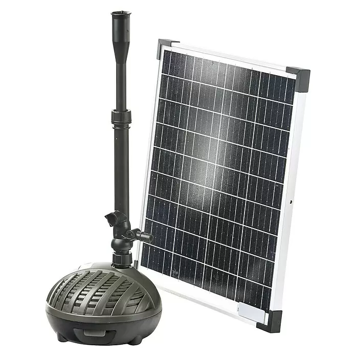 Heissner Wasserspielpumpe - Fördermenge pro Std.: 1.100 l - Solarbetriebene Teichpumpe mit dunkelgrauer Tauchpumpe, verstellbarem Steigrohr und schwarz-weiß gerahmtem Solarpanel.
