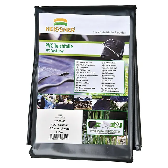 Heissner PVC-Teichfolie - Stärke: 0,5 mm, 4 x 4 m - Abdeckung einer PVC-Teichfolie von Heissner, 0,5 mm stark, schwarz und 4x5 m groß.