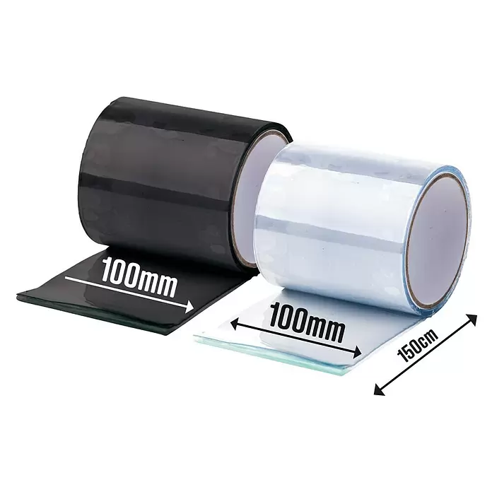 Heissner Reparaturklebeband - schwarz, 150 x 10 cm - Zwei Rollen Klebeband, eine schwarz und eine transparent, beide 100mm breit. Die transparente Rolle ist 150cm lang.