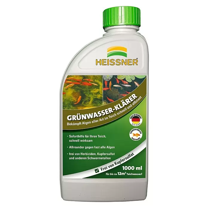 Heissner Grünwasserklärer - 1.000 ml - Weiße Heissner Grünwasser-Klarer Flasche mit grünem Deckel, 1000ml, für klares, fischfreundliches Teichwasser und Algenentfernung.