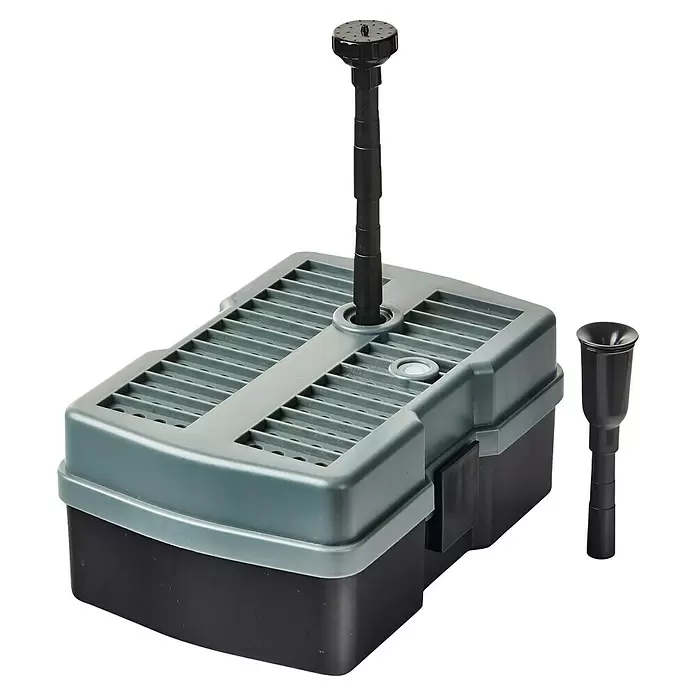 Heissner Unterwasserfilter - 5 W - Dunkelgrauer und schwarzer Teichfilterkasten mit verstellbarer Fontänendüse und separater Glockendüse.