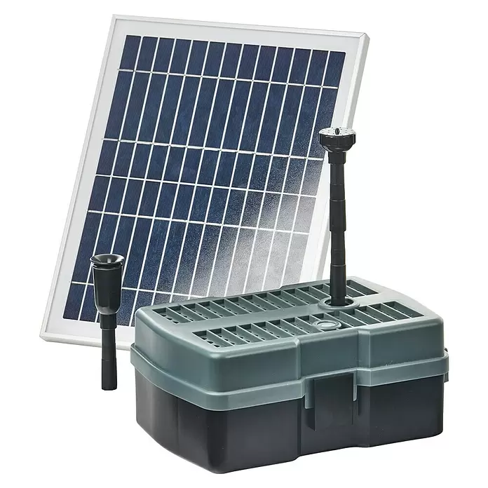 Heissner Unterwasserfilter - 5 W - Solardrevet Teichpumpensystem mit blauem Solarmodul, dunkelgrauem Filterkasten und zwei schwarzen Düsen für Wasserspiele.