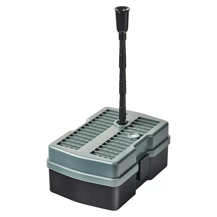 Heissner Unterwasserfilter - 5 W - Dunkelgraue und schwarze rechteckige Kunststoff-Schädlingsbekämpfungsstation mit ausziehbarer Röhre.