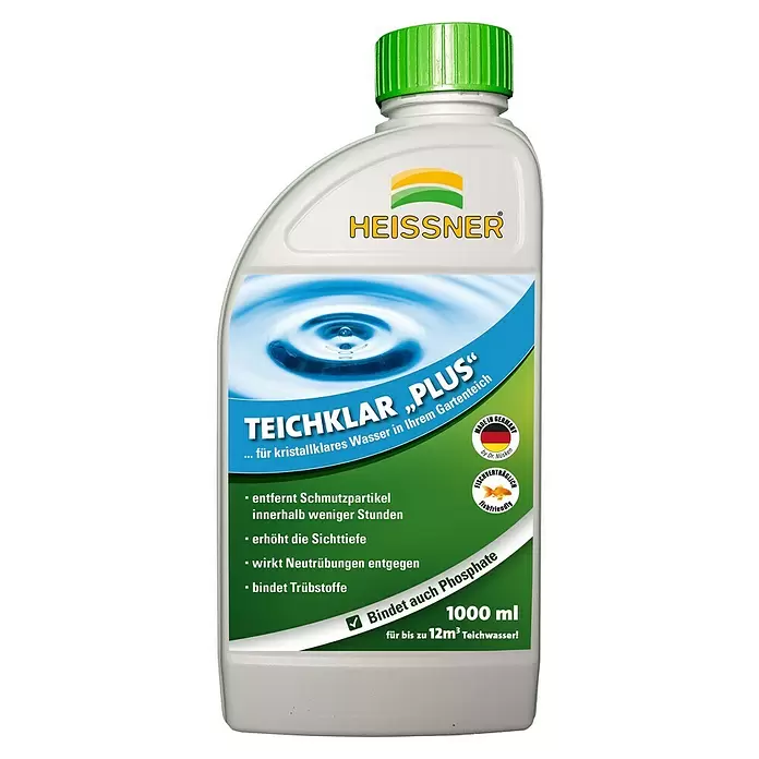 Heissner Teichreiniger - 600 g - Weiße 1000 ml HEISSNER TEICHKLAR PLUS Teichreiniger-Flasche mit grünem Deckel, fischfreundlich und phosphatbindend.