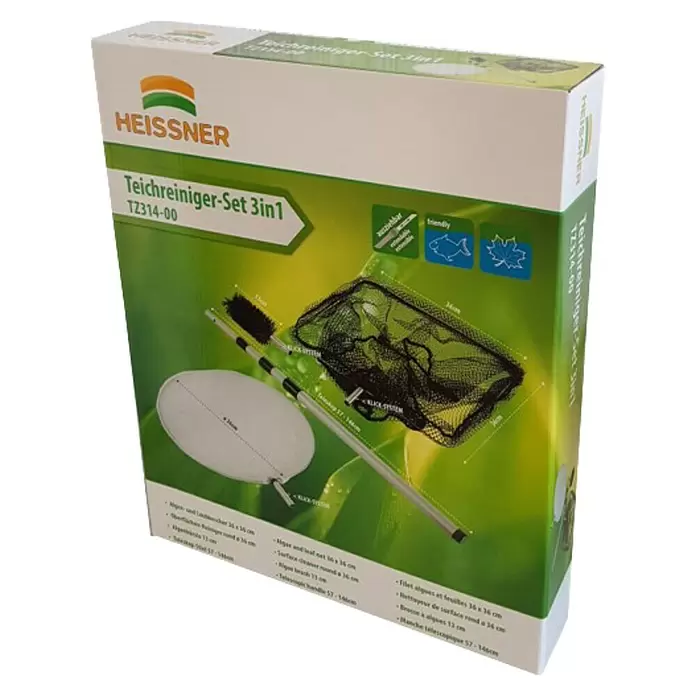 Heissner Reinigungs-Set - 3 -tlg. - HEISSNER 3-in-1 Teichreiniger-Set: schwarzes Netz, runder Oberflächenreiniger, Bürste und silberner Teleskopstiel.