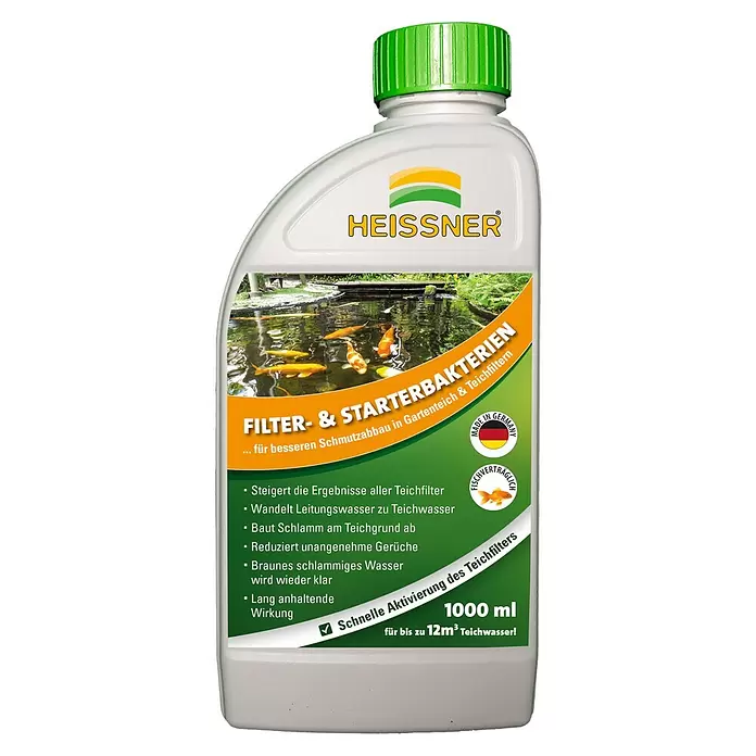 Heissner Filterstarter-Bakterien - 1.000 ml - Weiße Kunststoffflasche mit grünem Deckel für Filter- & Starterbakterien, zeigt Teich mit Fischen, 1000ml.