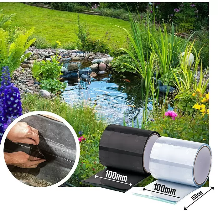 Heissner Reparaturklebeband - schwarz, 150 x 10 cm - Schwarzes und klares Reparaturklebeband, 100mm breit und 150cm lang, zum Flicken einer Teichfolie im Garten.