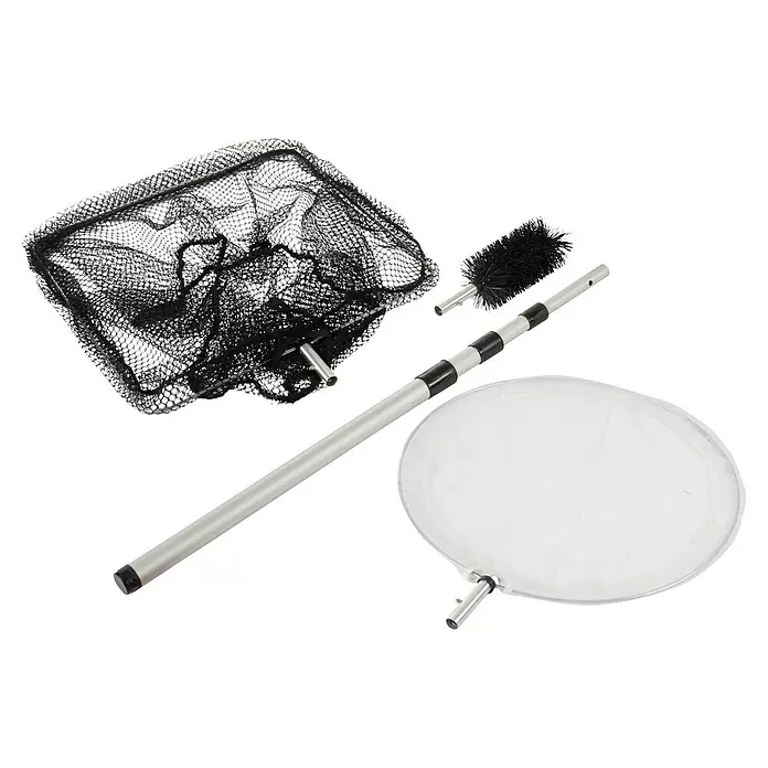 Heissner Reinigungs-Set - 3 -tlg. - Schwimmbad-Reinigungsset mit silberner Teleskopstange, schwarzer Bürste, schwarzem Kescher und weißem Feinmasch-Kescher.