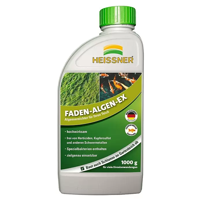 Heissner Fadenalgenvernichter - 1.000 g - Weiße HEISSNER FADEN-ALGEN-EX Flasche mit grünem Verschluss, ein Algenvernichter für Gartenteiche.
