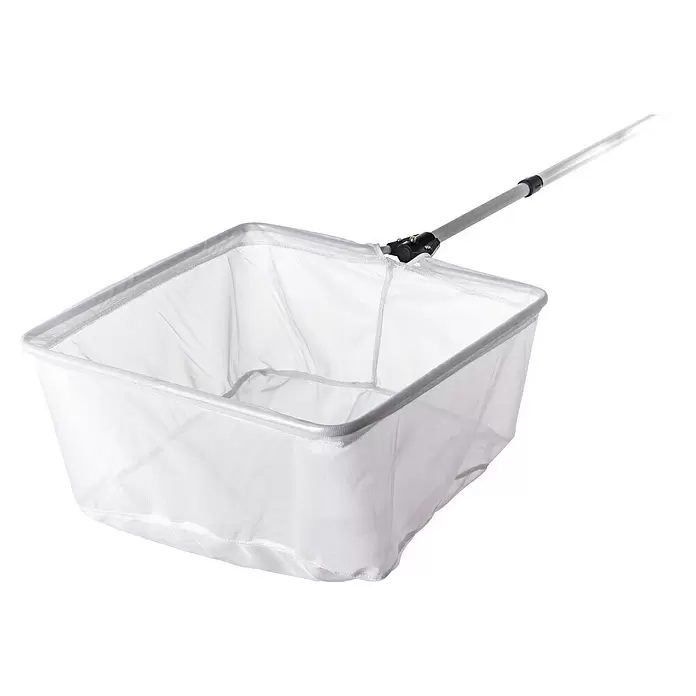 Heissner Teichkescher - Länge Griff: 75 cm - 140 cm - Rechteckiger weißer Pool-Kescher mit silbernem Teleskopstiel zum Reinigen.
