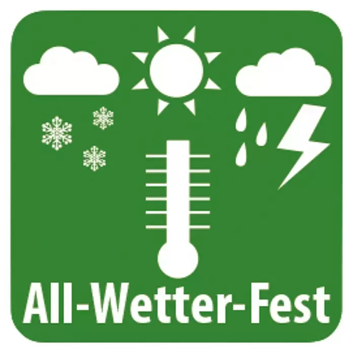 Heissner Reparaturklebeband - schwarz, 150 x 10 cm - Symbol mit Sonne, Wolken, Schneeflocken, Regen, Blitz, Thermometer und Text "ALL-Wetter-Fest", kennzeichnet Allwettertauglichkeit.