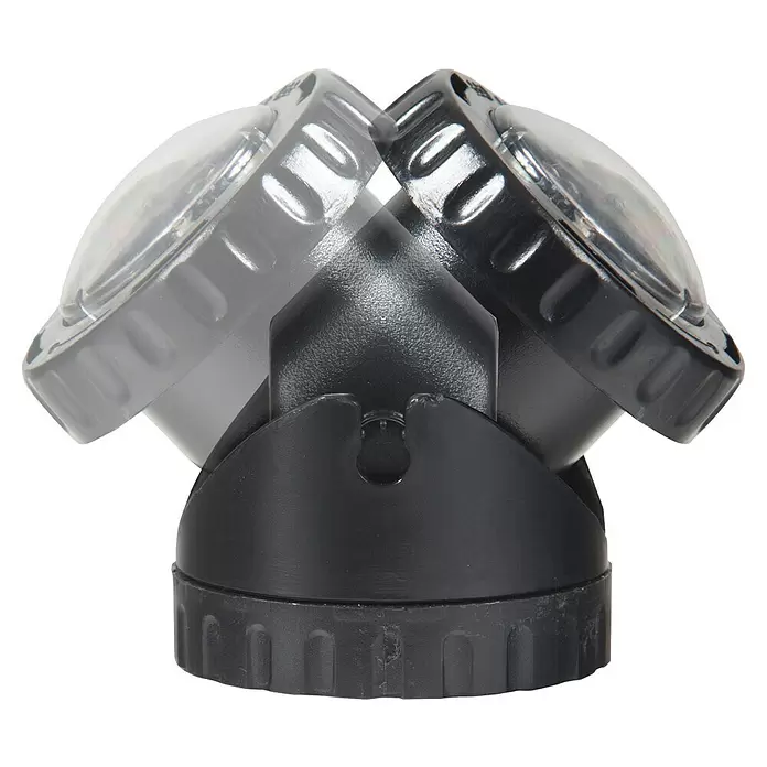 Heissner Teichbeleuchtung - Anzahl LED: 1 Stk., Warmweiß - Schwarze Kunststoff-Stirnlampe mit zwei verstellbaren transparenten Leuchtenköpfen, einer in gedrehter Position gezeigt.