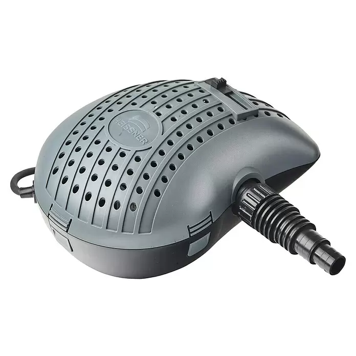 Heissner Druckfilter-Set - 25 W, Fördermenge pro Std.: 1.500 l - Grauer und schwarzer Tauchteichfilter mit Gitterabdeckung, Schlauchanschluss und 'HEISSNER'-Logo.