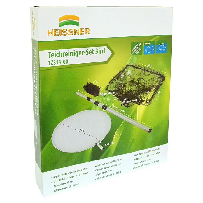 Heissner Reinigungs-Set - 3 -tlg. - Produktverpackung für ein Heissner Teichreiniger-Set 3in1, bestehend aus Kescher, Bürste und Teleskopstiel.