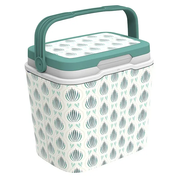 Nevera portátil Mediterránea - 39 x 29 x 37,5 cm, Rojo/Rosa, 29 l - Imagen de una nevera portátil floral, ideal para picnics y excursiones, con asa de transporte y tapa verde.