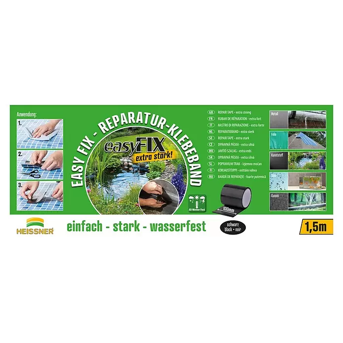 Heissner Reparaturklebeband - schwarz, 150 x 10 cm - Heissner Easy Fix extrastarkes schwarzes Reparaturklebeband (100mm x 1,5m) für wetterfeste und wasserdichte Reparaturen auf verschiedenen Materialien wie Teichen.