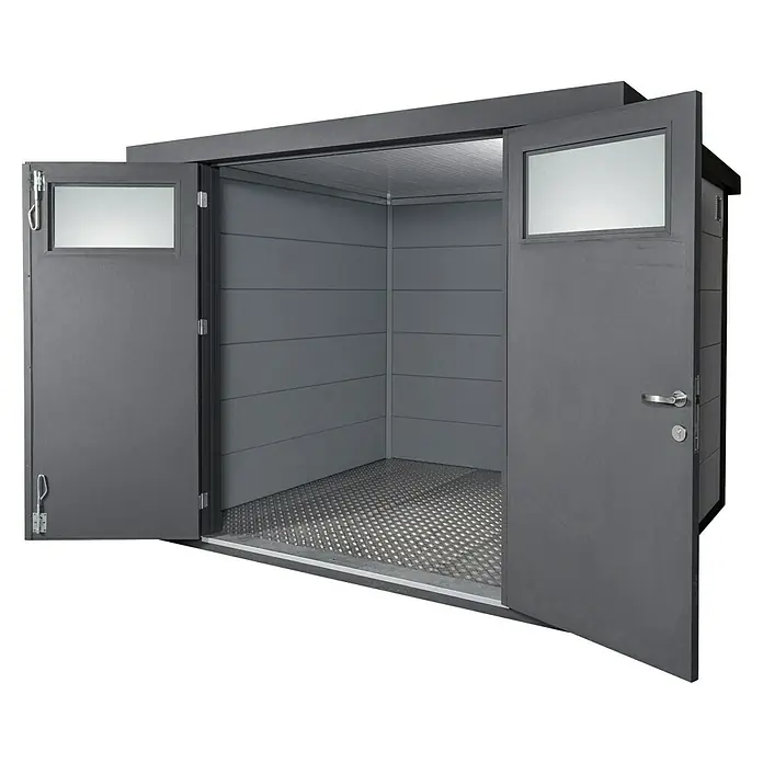 Telluria Bodenplatte - Passend für: Telluria Gerätehaus Classico 2121, Aluminium - Geöffneter, grauer Metall-Gartenschrank mit Fenster in den Türen und Riffelblechboden für den Außenbereich.