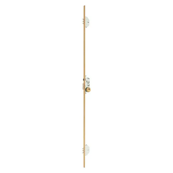 MCM Cerradura de embutir 702-3 con escudo 1850 A - L x An: 2.030 x 20 mm, Esmaltado, Oro, Anchura placa: 50 mm - Imagen de un palo de puerta con cerradura y dos elementos de fijación blancos.