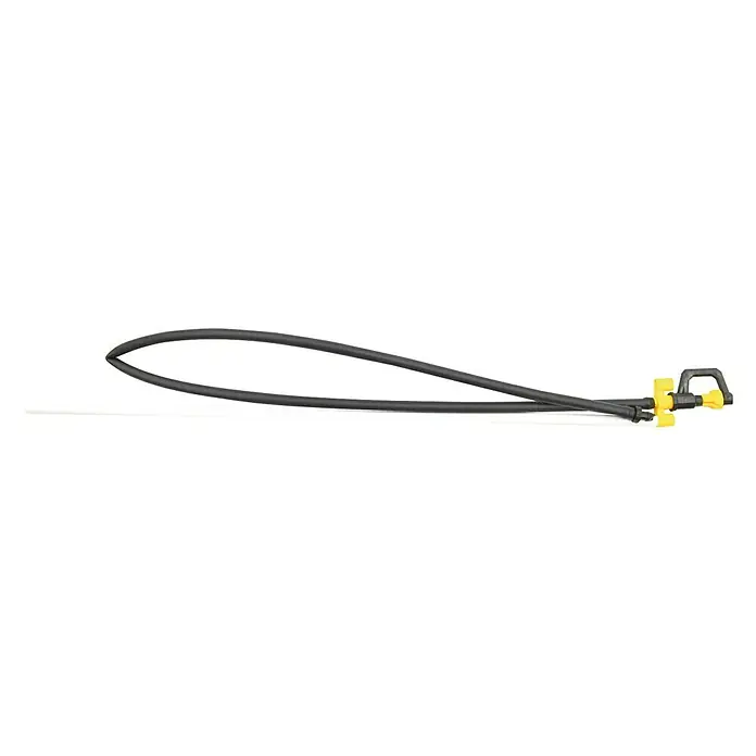 Aspersor para pequeñas superficies - 5 ud., 4 mm - Tubo de riego negro con cabezal aspersor amarillo. El tubo está en bucle y se encuentra sobre un fondo blanco.